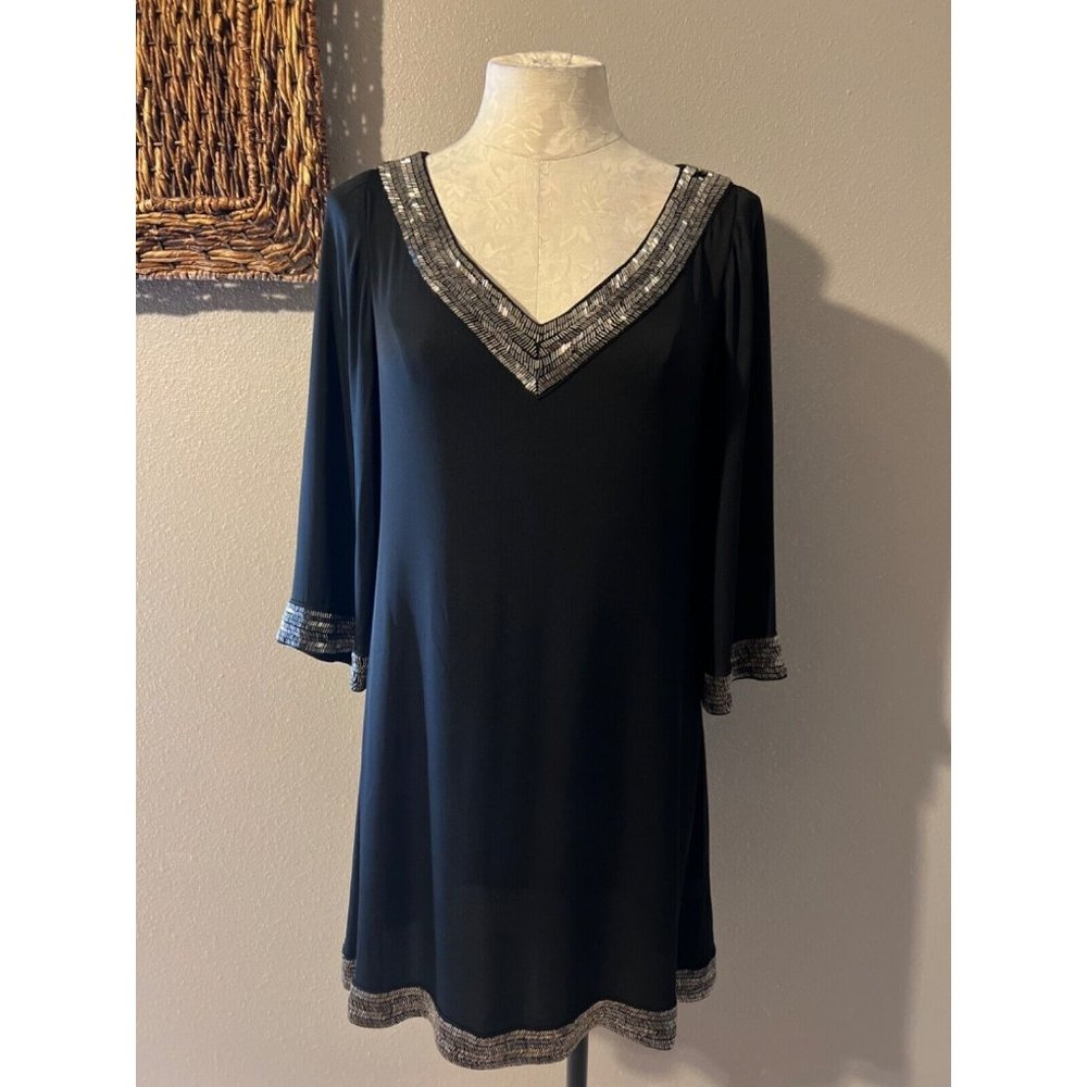 Alice + Olivia Shift Dress L Large Black Beaded Stretch Silk